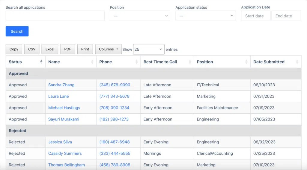 An employment application management system build with GravityView. There is a table of job applications grouped by status and a search bar above.