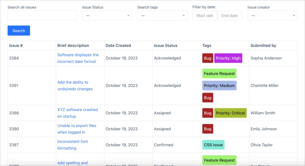 An issue tracker built with GravityView: there is a table containing software bugs and a search bar above