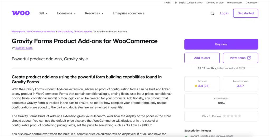 The product page for Gravity Forms Product Add-ons; the heading reads 'Gravity Forms Product Add-ons for WooCommerce' 