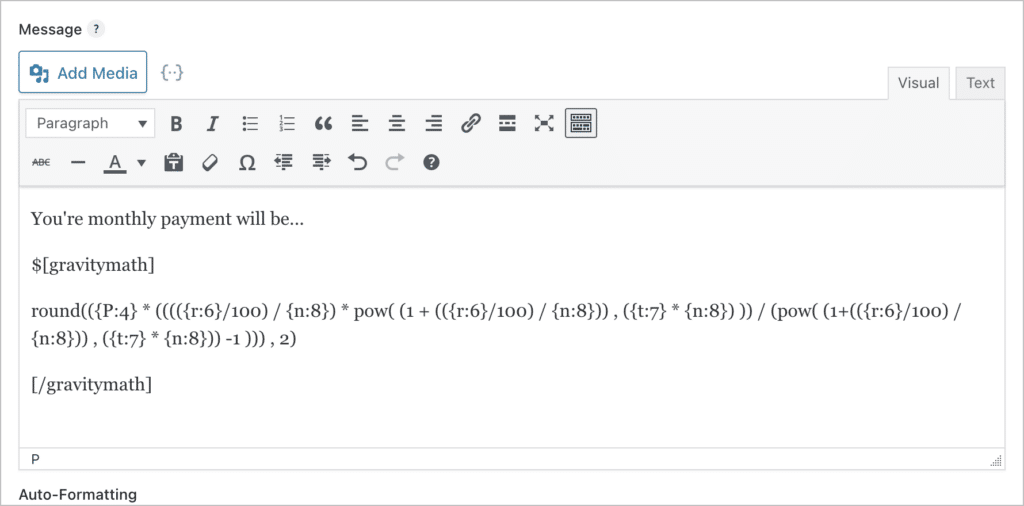 Gravity Forms confirmation text box with the mortgage payment formula inside